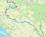 Trasa przez Bośnię i Hercegowinę do Plužine, gdzie jest Czarnogóra. Widoczna droga z punktami: Jezioro Blidinje, Mostar, Plužine.