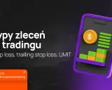 Zlecenie giełdowe typu stop loss, trailing stop loss i limit na ekranie telefonu z wykresem i monetami. Poziom średniozaawansowany.