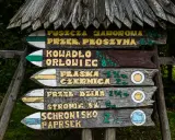 Drewniany drogowskaz w lesie, wskazujący szlaki turystyczne. Na tabliczkach widnieją nazwy takie jak "Puszcza Jahorola", "Kowadło Orłowiec" i "Schronisko Paprsek", a także odległości.