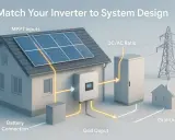 Schema för solcellssystem: solpaneler på taket, växelriktare, batteri och elnät. Förklarar vad betyder ac och dc i detta sammanhang.