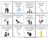 Illustrations de vieilles expressions françaises : vendre la mèche, révéler un secret, faire la pluie et le beau temps, avoir beaucoup de pouvoir, il pleut des cordes, pleuvoir abondamment, mettre les points sur les i, bavard comme une pie, rouge comme...
