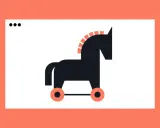 Ein stilisiertes Trojanisches Pferd auf Rädern, das an Beispiele für Trojaner-Malware erinnert.