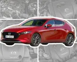 Czerwona Mazda 3 Skyactiv z widocznym silnikiem.