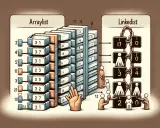 Porównanie ArrayList i LinkedList w Javie. ArrayList to stos książek, LinkedList to łańcuch ludzi.