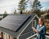 Kvinna med surfplatta övervakar solceller på taket. Regelbundet solceller underhåll säkerställer optimal energiproduktion.
