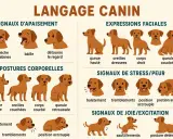 Illustration du langage corporel du chien : signes d'apaisement, expressions faciales, postures, stress/peur et joie/excitation.