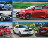 Comparativa de coches segmento b: azul deportivo, gris elegante, rojo agresivo, blanco eléctrico y naranja icónico.