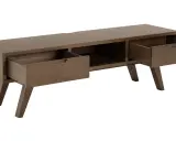 Mörkbrun tv möbel från IKEA med två utdragna lådor och öppen förvaring.