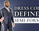 Two men in suits stand side-by-side, with text overlaying the image defining "SEMI-FORMAL" dress codes.