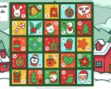 Un colorato calendario avvento interattivo con 25 caselle, ognuna con un simbolo natalizio e un numero. Sullo sfondo, casette innevate e alberi.