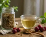 Infusion de queue de cerise, ses bienfaits pour la santé sont reconnus. Une tasse fumante à côté d'un bocal rempli de queues de cerises séchées.