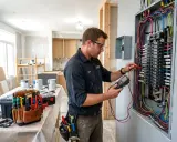 Elektryk sprawdza okablowanie panelu elektrycznego, przygotowując instalację inteligentny dom. Narzędzia i puszki elektryczne w pobliżu.