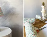 Pour relooker un abat-jour, on utilise du papier peint fleuri, des ciseaux et une règle.
