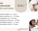 Okna rozwojowe dużej motoryki wg WHO: siad, stanie, raczkowanie, chodzenie. Obrazek pokazuje niemowlęta i listę kamieni milowych.
