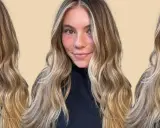 Mujer con cabello rubio sucio, ondas suaves y mechones rubios más claros.