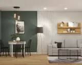Nowoczesne oświetlenie salonu z jadalnią aranżacje: wisząca lampa nad stołem, stojąca lampa przy kanapie i dyskretne światła sufitowe tworzą przytulną atmosferę.