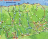 Mapa turystyczna Karkonoszy z zaznaczonymi szlakami. Widać tu m.in. Szklarską Porębę, Śnieżne Kotły i Szrenicę.