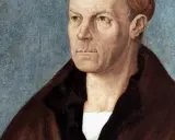 Porträt von Hans Fugger, einem wohlhabenden Kaufmann, mit ernstem Blick und braunem Mantel vor blauem Hintergrund.