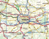 Mapa pokazuje Kraków i okoliczne miejscowości, takie jak Olkusz, Trzebinia, Alwernia, Skawina, Wieliczka, Niepołomice, Bochnia, Myślenice.