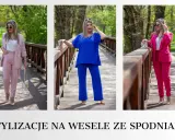 Eleganckie, gotowe stylizacje na wesele ze spodniami: różowy garnitur, kobaltowy komplet i fuksjowy garnitur.