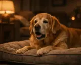 Un vieux chien golden retriever, allongé sur son coussin, semble avoir un **chien qui tousse**. La lumière tamisée d'une lampe crée une atmosphère chaleureuse.