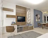 Un soggiorno moderno con scrivania, TV e zona pranzo. Il marrone e il grigio stanno bene insieme, creando un'atmosfera accogliente.