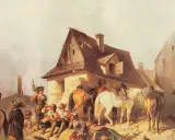 Żołnierze i konie przed zniszczonymi budynkami, scena oddająca atmosferę przebiegu potopu szwedzkiego.