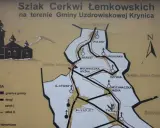 Mapa szlaku cerkwi łemkowskich w gminie Krynica. Widoczne nazwy miejscowości: Polany, Berest, Piorunka, Tylicz.