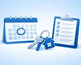 Un calendrier avec une date marquée, des clés et une liste de contrôle, symbolisant la planification de la date d'état des lieux de sortie.