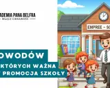Akademia Pana Belfra: 5 powodów, dla których ważna jest promocja szkoły. Uśmiechnięty nauczyciel i dzieci przed budynkiem szkolnym.