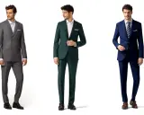 Three men dressed formally in suits: grey double-breasted, dark green, and navy blue.