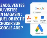 Choisir le bon objectif sur Google Ads : Leads, ventes ou visites en magasin ? L'image illustre ces options.