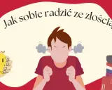 Chłopiec zły, z uszu leci dym. Ręka trzyma uśmiechniętą buźkę. Jak sobie radzić ze złością? Książki i żarówka pomysłów.