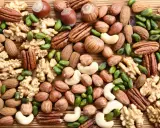 Mieszanka orzechów: laskowe, włoskie, migdały, pekan, nerkowce i pistacje na drewnianym tle.