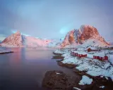 Vackert lofoten vinterlandskap med snöklädda berg, röda hus vid vattnet och en rosa himmel.