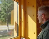 Mężczyzna w rękawiczkach wykonuje silikonowanie okien drewnianych. W tle drzewa.