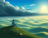 A lone figure sits on a grassy hill, contemplating the rolling landscape. Scattered coins suggest a question about how many artists are billionaires.