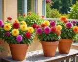 Färgglada dahlia i kruka inomhus, med blommor i rosa, gult, rött och orange som lyser upp.