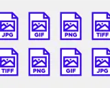 Iconos de archivos de imagen: JPG, GIF, PNG, TIFF. Para impresión, TIFF suele ser el formato de imagen con mejor calidad.