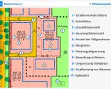 Ausschnitt aus einem Bebauungsplan, der verbindliche Bauleitplanung zeigt. Grünflächen, Stellplätze und Baugrenzen sind markiert.