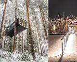 Trädkoja i Harads, Sverige, svävande bland snöklädda tallar. Till höger, en bro leder till en byggnad med en unik fasad av träpinnar.