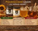 Jak rozpoznać prawdziwy miód? Porównanie miodu z pasieki i imitacji: naturalny skład, enzymy, krystalizacja, smak vs. syropy, dodatki, brak wartości.