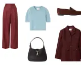 Pantaloni bordeaux abbinamenti: blazer coordinato, maglioncino azzurro, borsa nera e mocassini marroni.