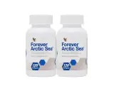 Dwie butelki suplementu Forever Arctic Sea, zawierającego kwasy omega-3 z ryb i kalmarów, niczym skarby z arktycznego morza.