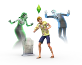 Przerażony Sim w hawajskiej koszuli próbuje dowiedzieć się, jak przywołać ducha w The Sims 4, podczas gdy dwa zjawy groźnie się do niego zbliżają.