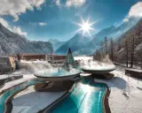 Malownicze termy Austria w zimowej scenerii. Baseny z parującą wodą otoczone ośnieżonymi górami i lasem.