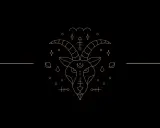 Tête de chèvre stylisée, ornée de symboles cosmiques et astrologiques. Le symbole capricorne, entouré d'étoiles et de planètes, évoque la magie céleste.