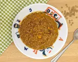 Un plato de lentejas bebé, cocinadas con zanahoria y especias, servido en un plato infantil con dibujos.