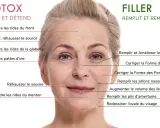 Une femme montre les zones du visage traitées par Botox et Filler. Le sillon nasogénien est une zone ciblée par le Filler pour un effet rajeunissant.