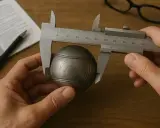 Comment mesurer le diamètre d'une boule de pétanque : un pied à coulisse mesure une boule métallique sur un bureau en bois.